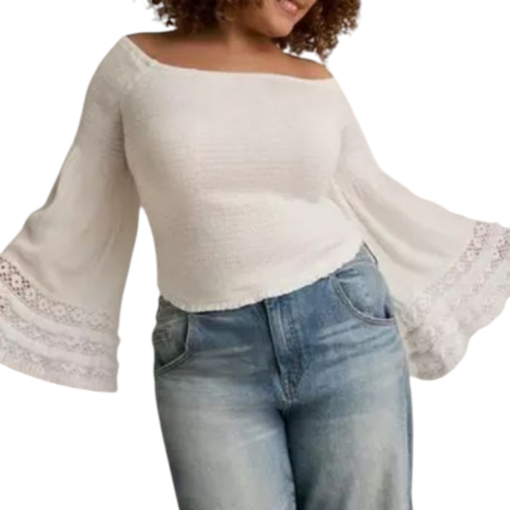 Off-Shoulder White Bell Sleeve Top - Elegant Women's Knit